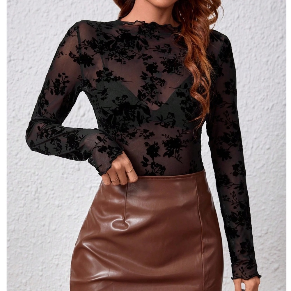 Black Floral Pattern Mesh Long Sleeve Fitted Sheer Shirt Stretchy